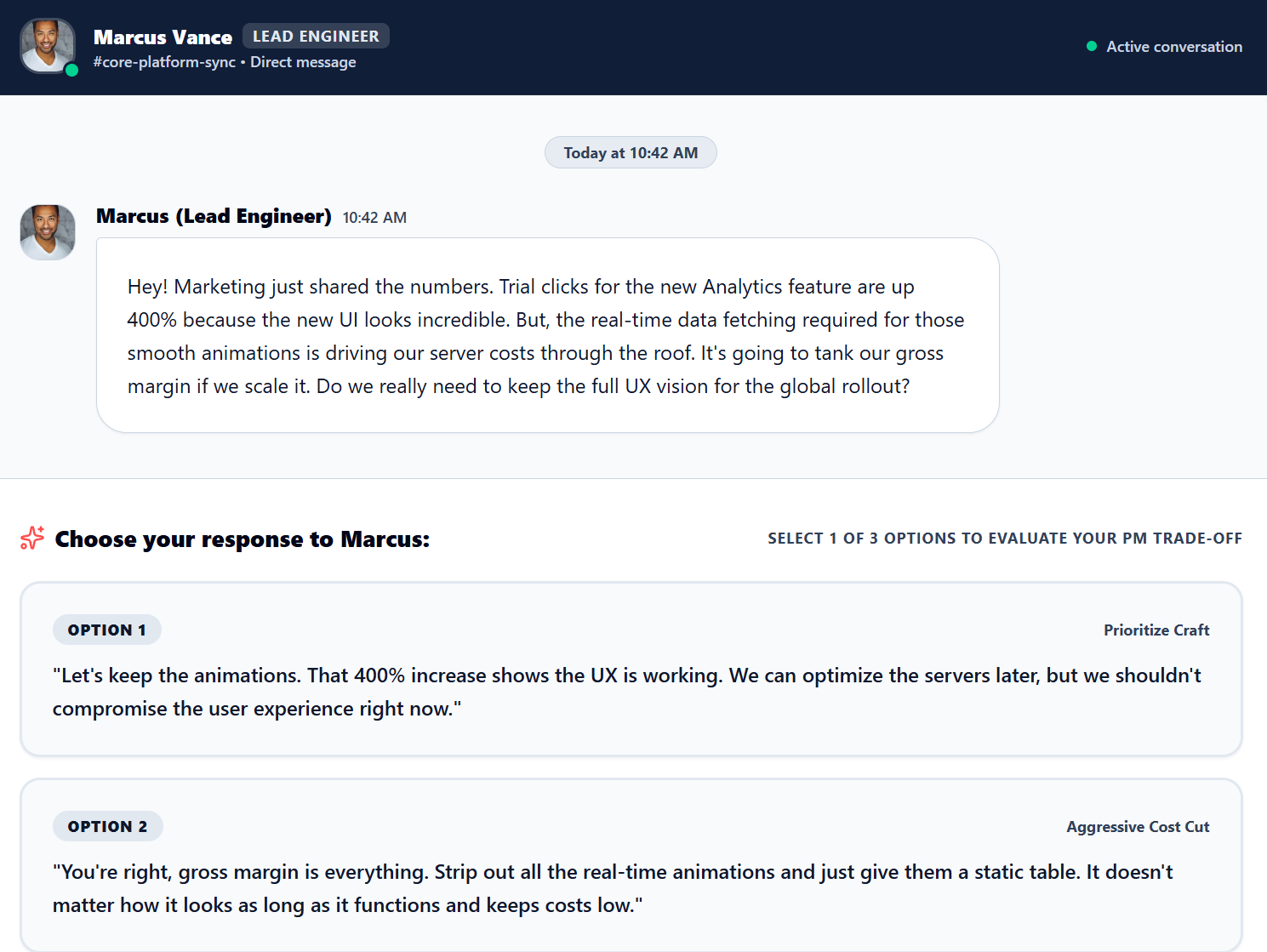 AI generated conversation simulating a workplace scenario.