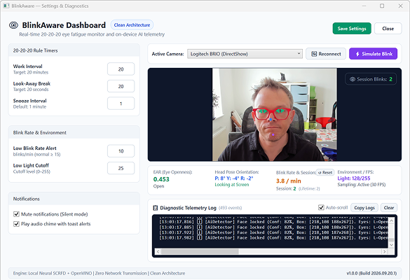 Application window with facial landmark tracking points plotted over eyes and nose.