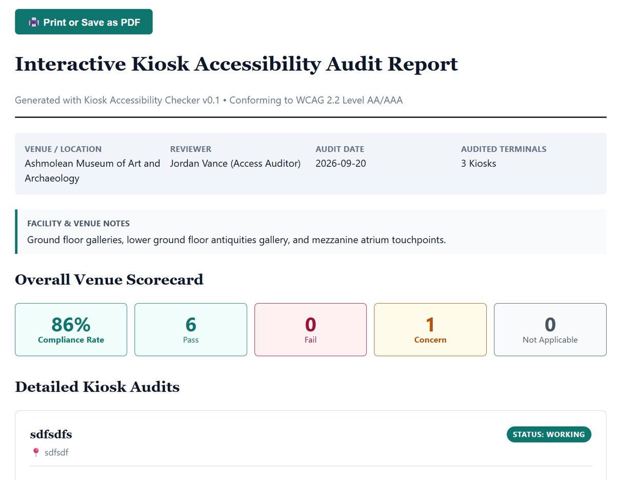 Dashboard interface of the kiosk accessibility auditing tool.