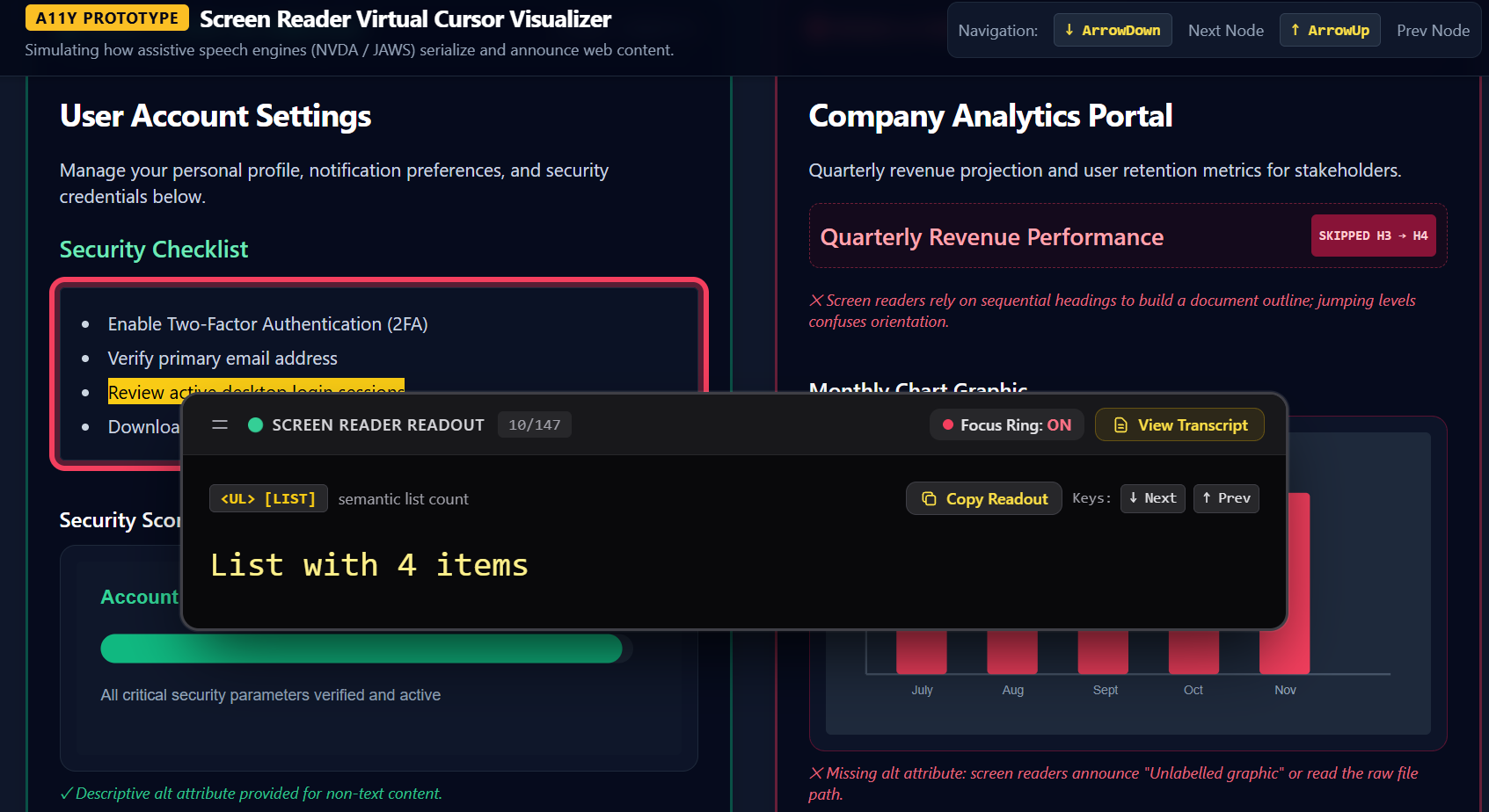 Screen-reader transcript console displayed over a dark mode interface.