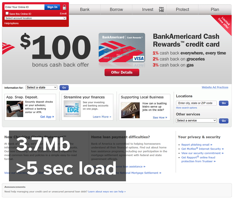 Legacy Bank of America fixed-width desktop homepage.