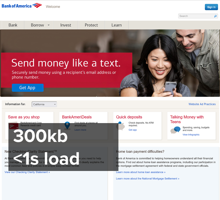 Redesigned responsive Bank of America homepage layout.