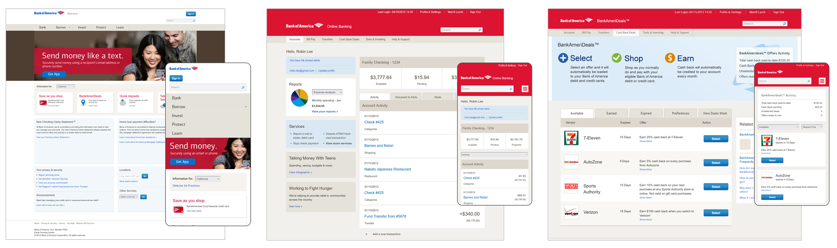 Bank of America responsive site shown on desktop and mobile viewports.