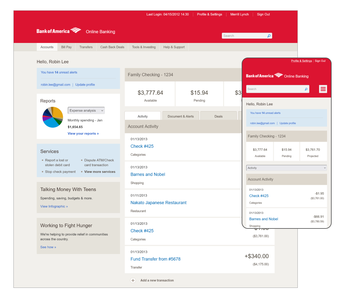 Coded HTML prototype showing the logged-in customer account dashboard in desktop and mobile viewports.