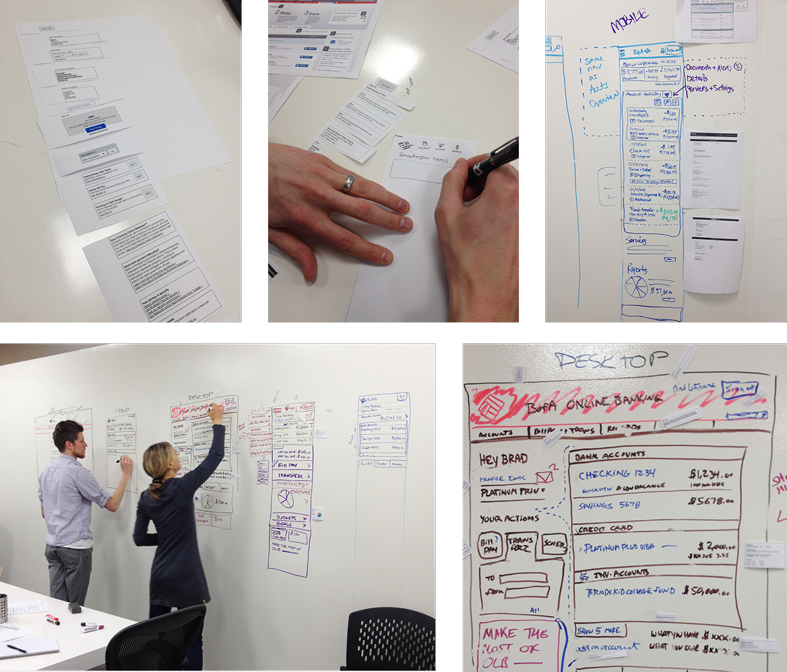 Workshop participants physically rearranging and annotating printed content modules on paper.