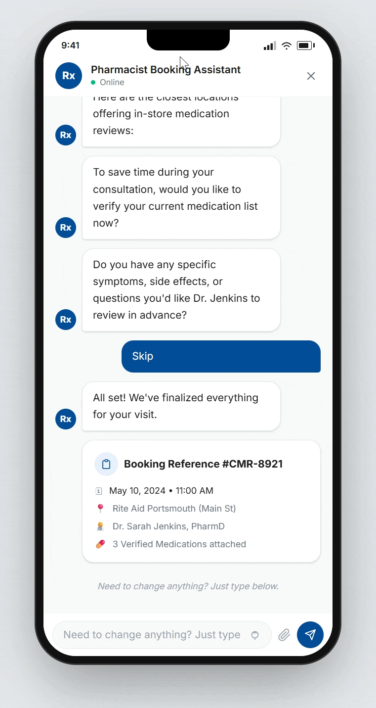 Animated demo showing someone using a mobile conversational flow to book a comprehensive pharmacy review.