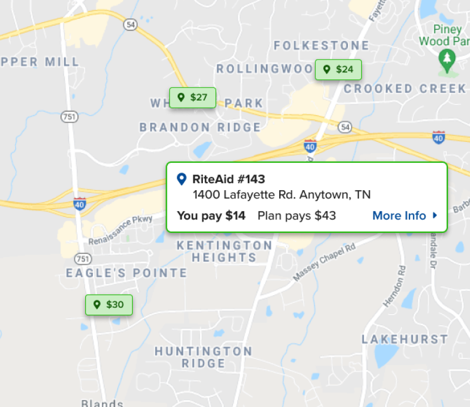 dynamic map showing locations and prices for a medication