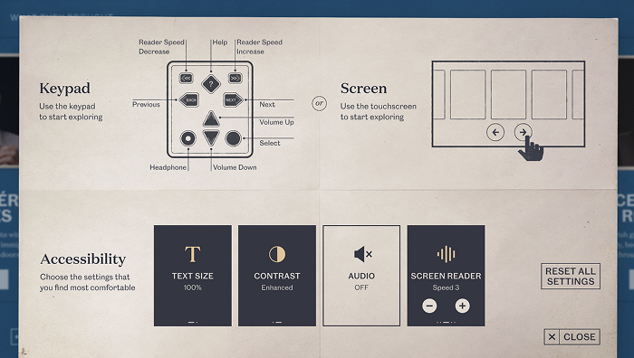 Wireframe mockup of the on-screen accessibility settings panel showing options for contrast, text sizing, and audio navigations