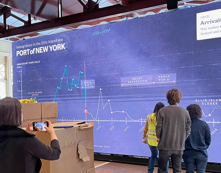 An unfinished room in the museum with a 30-foot wide display showing an animated line graph while teams review performance.