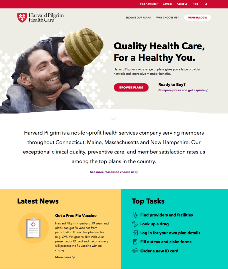 Redesigned responsive Harvard Pilgrim healthcare portal.