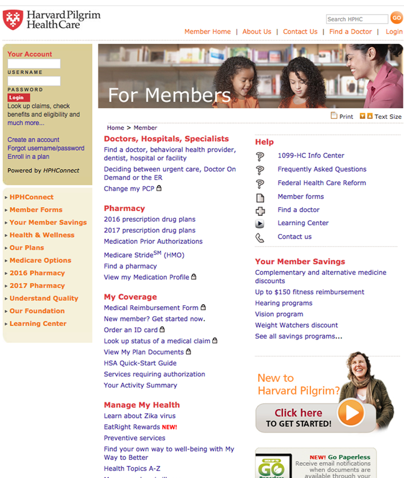 Legacy fixed-width 900px Harvard Pilgrim homepage.