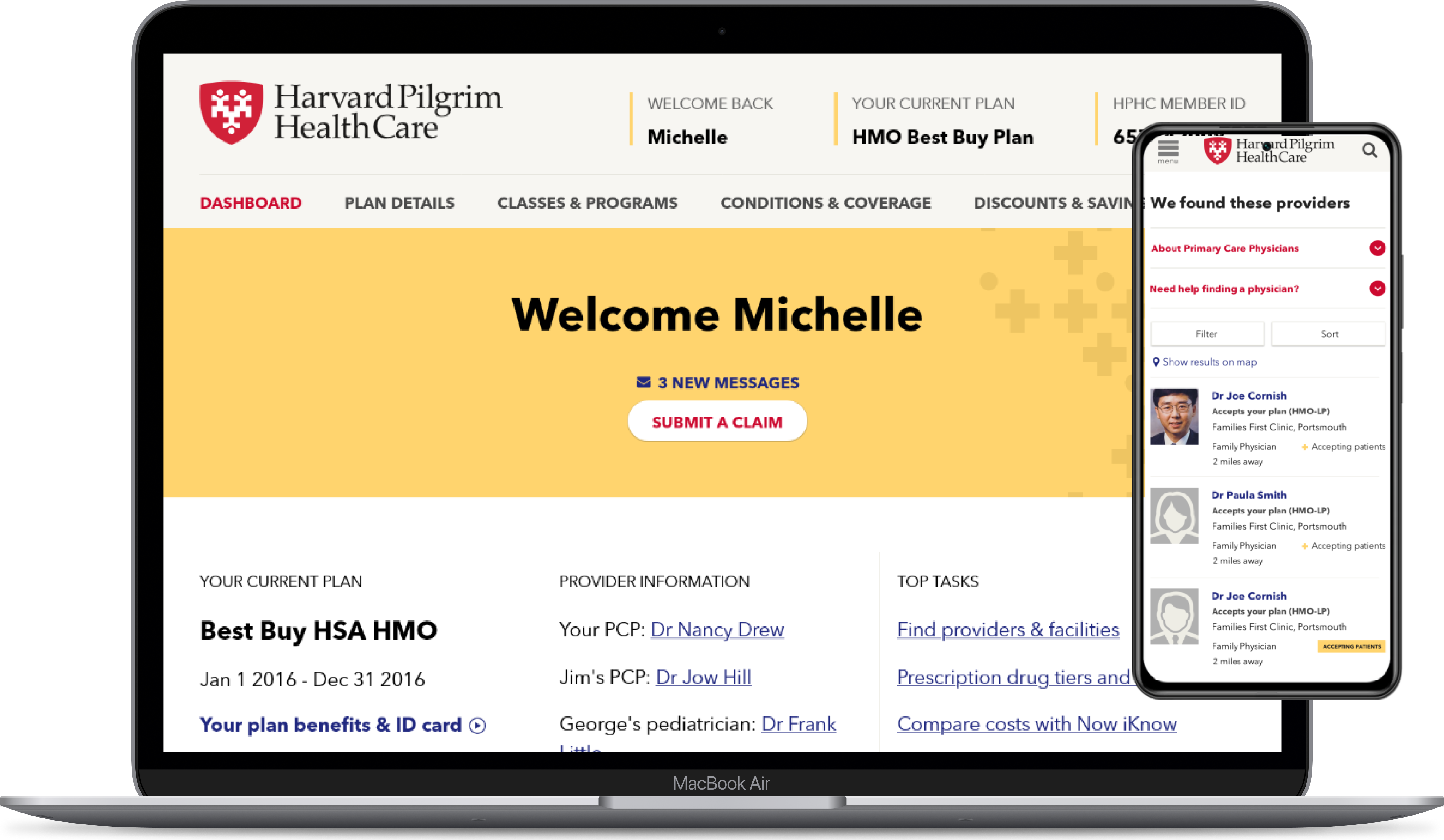 The redesigned HPHC homepage on a laptop alongside the Find a Doctor screen on a mobile device.