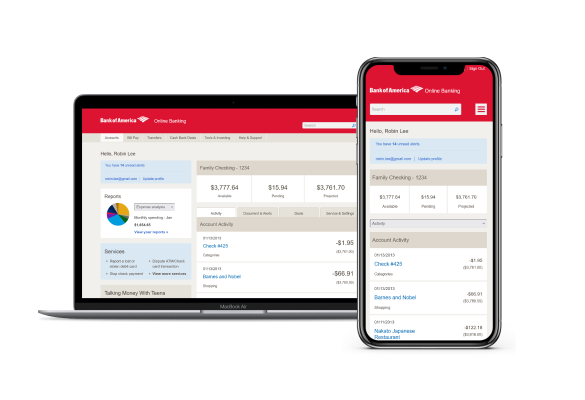 Bank of America responsive account dashboard mockup across viewports.