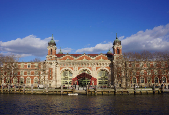 Giant panoramic display during installation at Ellis Island.
